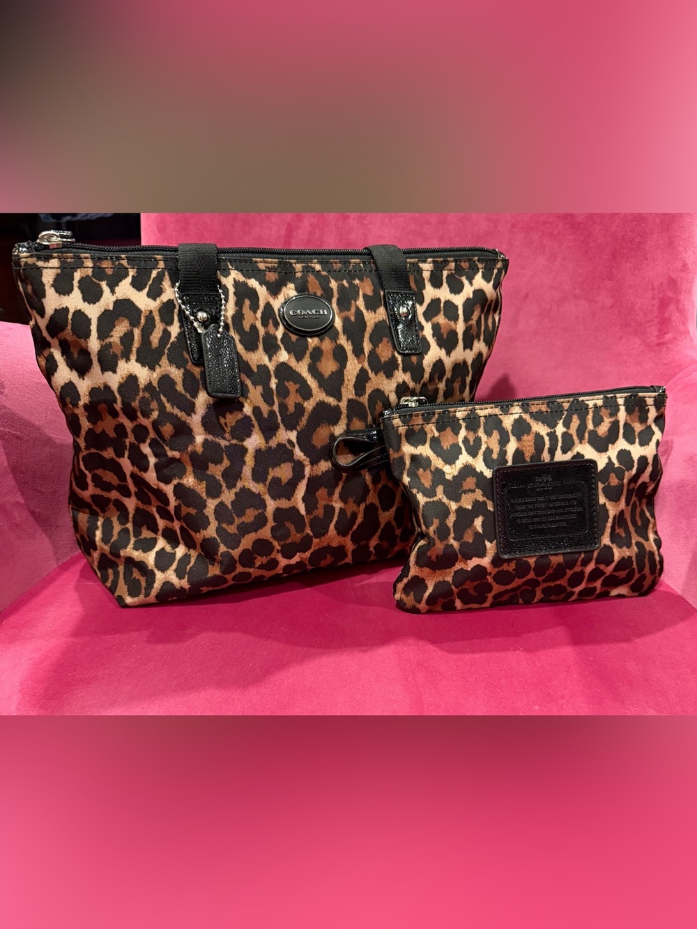 Coach Leopard-Print Tote with Matching Pouch - Brown & Black